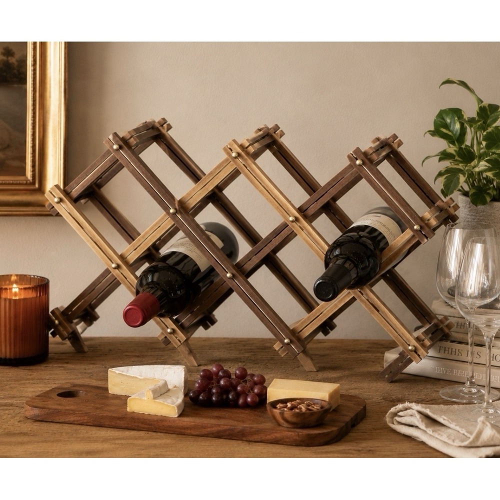 Vintage Wood Accordion Wine Rack – Two-Tone Folding Bottle Holder Tuscan Cottage